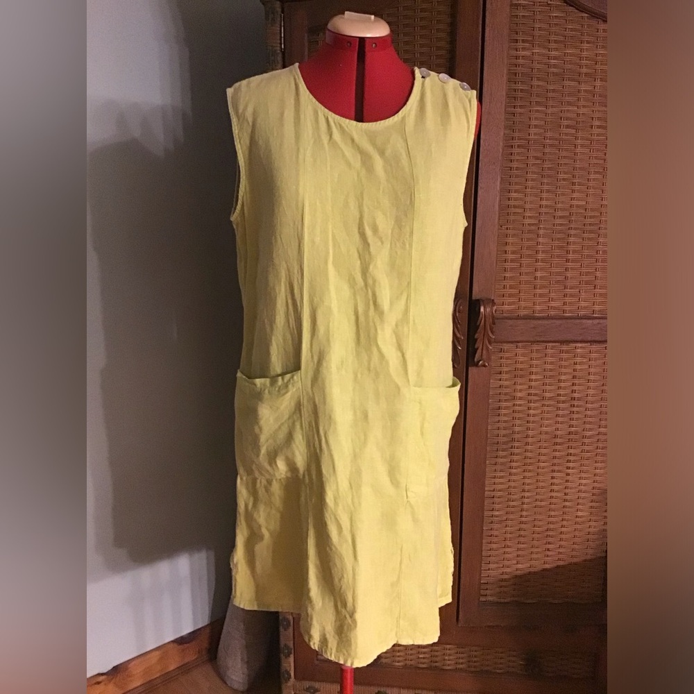 Sleeveless Lime/ lemon green Linen Pocket Shift Dress
